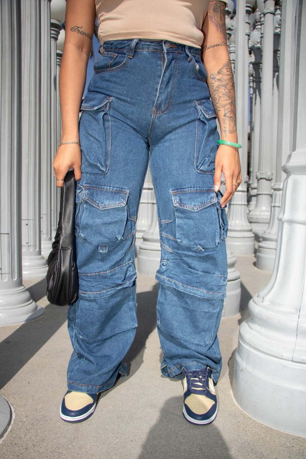 DemiY2K Jeans High Waist Denim Wide Leg Pants  
 
Model is wearing Medium in Blue.DemiFemme FineryyFemme Fineryy