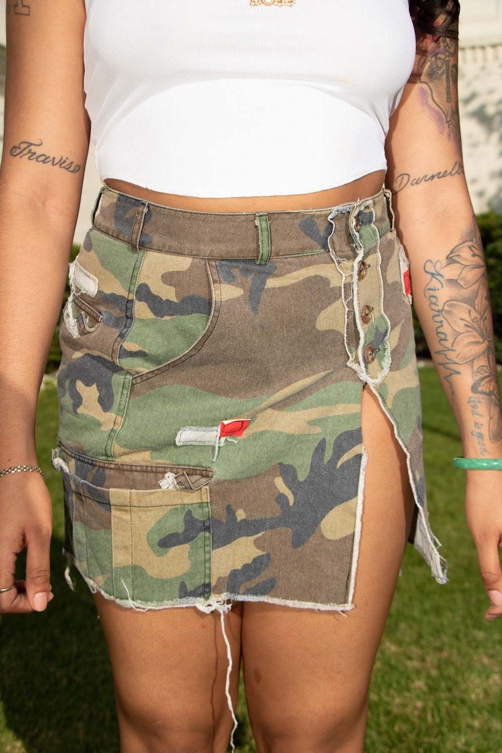 Camo SkirtHigh Split Camouflage Mini Skirt 
Model is wearing a Medium.Camo SkirtFemme FineryyFemme Fineryy