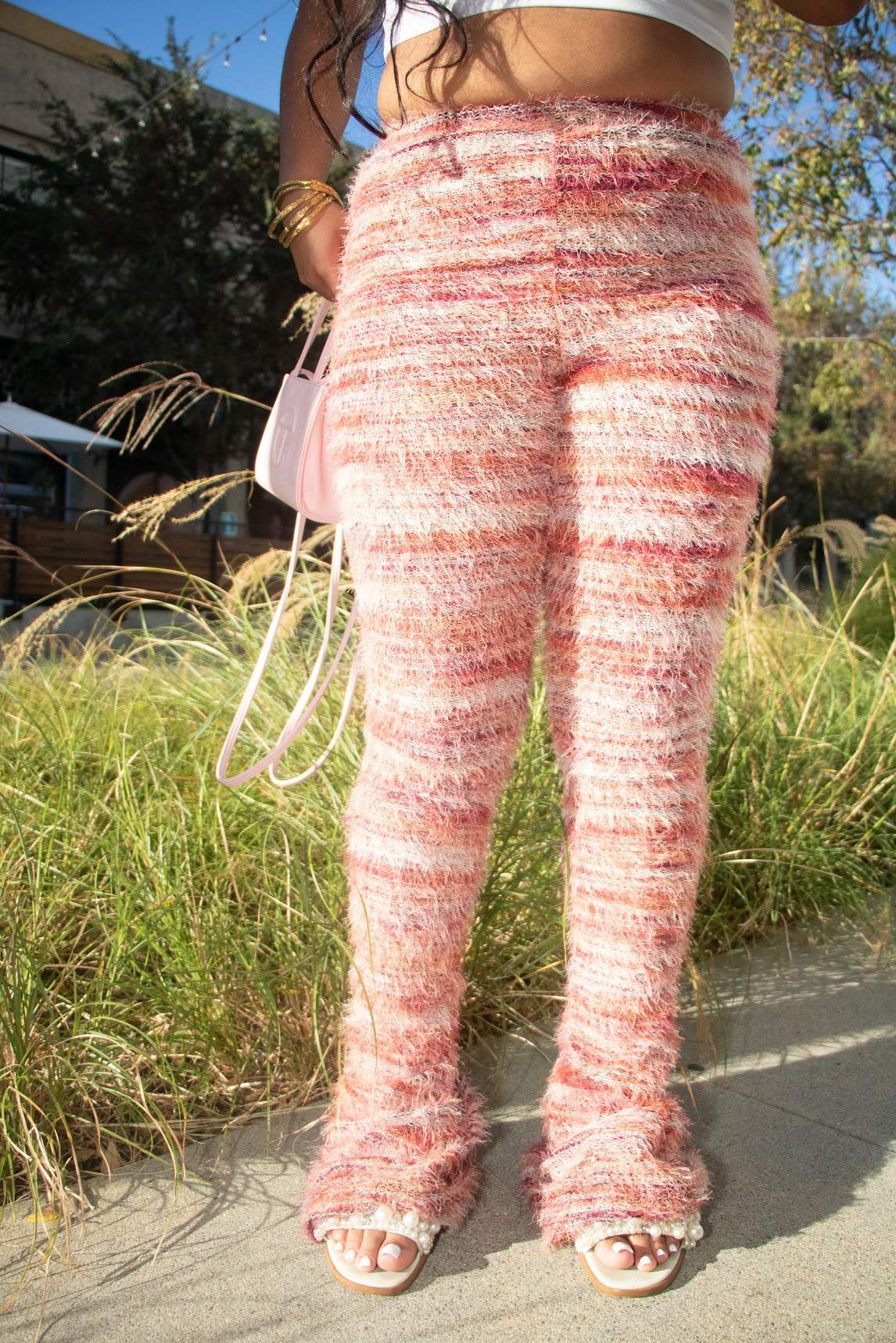 StrawberryKnit Ribbed Colorful Striped Stacked Pants Women Elastic High Waisted Fluffy Flared Bottoms 
Model is wearing a Medium.StrawberryFemme FineryyFemme Fineryy